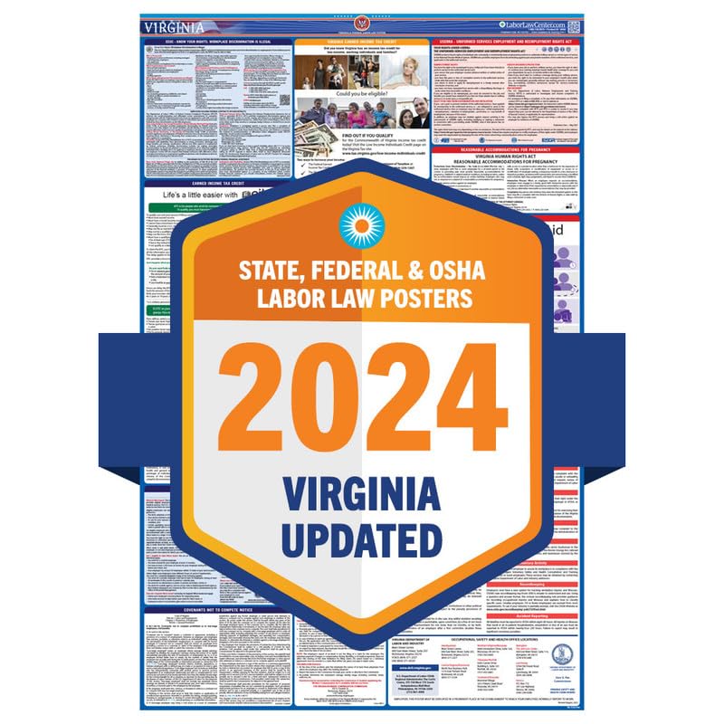 2024 Latest Virginia Labor Law Poster - State, Federal, OSHA Compliant - Workplace Required Posting for Employees - English Employment Poster- UV Laminated Waterproof - 25' x 39”- English