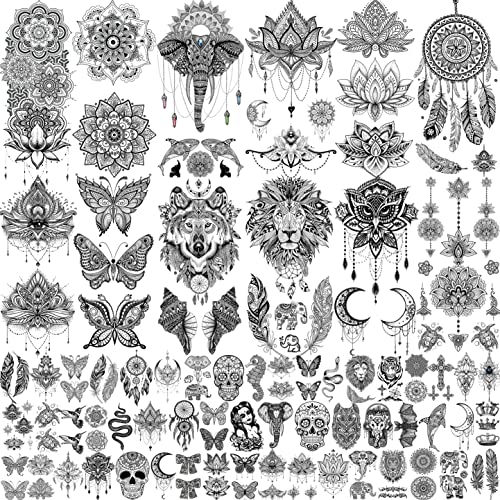 VANTATY 64 Sheets Tribal Vintage Black Lotus Temporary Tattoos for Women Girls, Bohemia Mandala Flower Fake Sleeve Tattoos for Adults Owl Moon