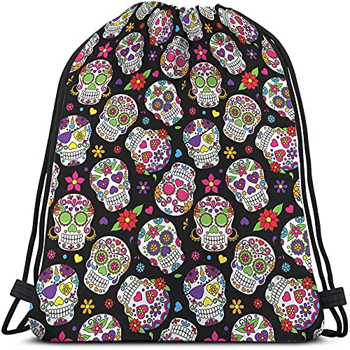 Beabes Mexican Sugar Skull Drawstring Bags Backpack Bag Dead Of The Dead Colorful Skeleton Flowers Heart Pattern Sport Gym Sack Drawstring Bag String Bag Yoga Bag for Men Women