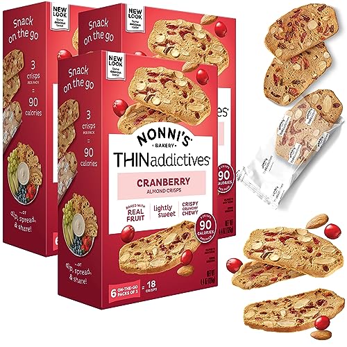 Nonni's THINaddictives Almond Thin Cookies - 3 Boxes Cranberry Almond Biscotti Cookie Thins - Sweet Crunchy & Chewy - Kosher Cookie 4.4 Ounces