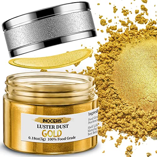 INOCERIS Edible Luster Dust, 5 Grams Food Grade Gold Cake Dust Shimmer Metallic Gold Food Coloring Powder for Cake Decorating, Baking, Fondant, Chocolate, Candy, Drinks, Cookies