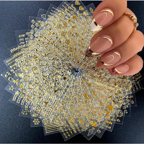 30 Sheets Gold Nail Art Stickers 3D Self-Adhesive Nail Decals Gold Line Star Nail Stickers for Acrylic Nails Gold Leaf Diamond Nail Supplies for Women