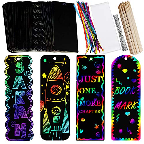 Supla 36 Sets 4 Style Magic Scratch Rainbow Bookmarks Making Kit for Kids Students Party Favor Scratch Paper DIY Bookmarks Bulk with Scratching Tools Satin Ribbons for Classroom Activities