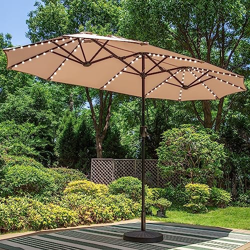 PHI VILLA 13ft Large Patio Umbrella with Solar Lights, Double-Sided Outdoor Market Rectangle Umbrella with 120 PCS LED Lights, Beige (No Base)