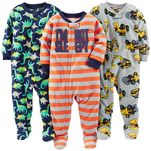 Simple Joys by Carter's Baby Boys' 3-Pack Loose Fit Flame Resistant Fleece Footed Pajamas, Grey Construction/Navy Dinosaur/Orange Stripe, 18 Months