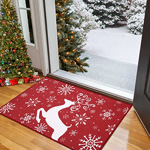 CAROMIO Christmas Doormat Holiday Door Mat Winter Christmas Deer Indoor/Outdoor Welcome Mat Floor Door Mat for Home Decoration Red Christmas Rug Entryway Front Porch Farmhouse Decor, 17x29 Inch