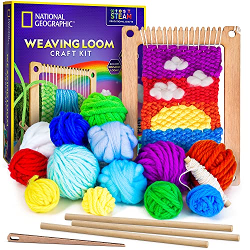 NATIONAL GEOGRAPHIC Wooden Arts and Crafts Loom Weaving Kit - Yarn and 3 Fun Designs for Easy Weaving, Child Weaving Set with Loom