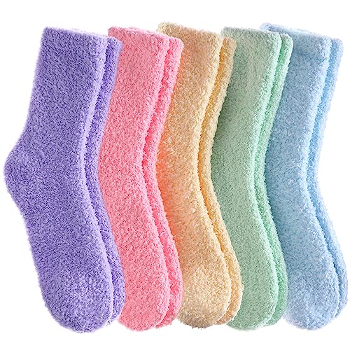 FANZERO Fuzzy Socks for Women Cozy Fluffy Slipper Socks Soft Warm Winter Fleece Plush Sleeping Gift Socks 5 Pairs Rainbow