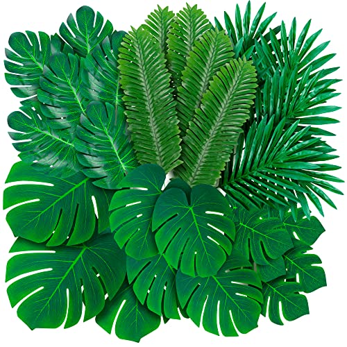 108 Pack Palm Leaves Artificial Tropical Monstera - 6 Kinds Large Small Green Fake Palm Leaf with Stems for Safari Jungle Hawaiian Luau Party Table Decoration Wedding Birthday Theme Party Decorations