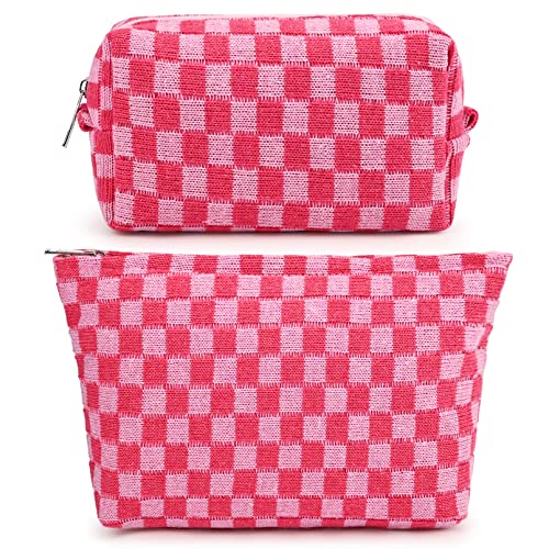 SOIDRAM 2 Pieces Makeup Bag Large Checkered Cosmetic Bag Pink Capacity Canvas Travel Toiletry Bag Organizer Cute Makeup Brushes Aesthetic Accessories Storage Bag for Women