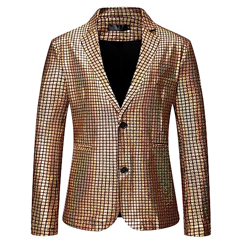 Men Suit Coat Double Breasted Plaid Sequin Blazer Disco Party Prom Jacket Gold US Size L