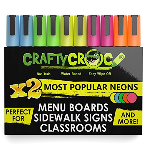 Crafty Croc Liquid Chalk Markers, Neon Chalk Pens Glow under Blacklight, Includes 2 Each Fluorescent Yellow, Blue, Green, Orange and Pink (10 Pack)