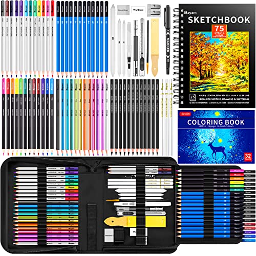 iBayam 78-Pack Drawing Set Sketching Kit, Pro Art Supplies with 75 Sheets 3-Color Sketch Pad, Coloring Book, Charcoal, Metallic, Colored Watercolor, Graphite Pencils for Artists Adults Kids Beginners