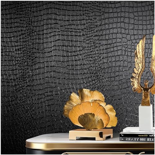 Black Peel and Stick Wallpaper, 15.7' X 118' Crocodile Wallpaper Embossed Easy Peel off Wallpaper Self Adhesive Removable Contact Paper Textured Wallpaper for Cabinet Bedroom with Knife Tape Measure