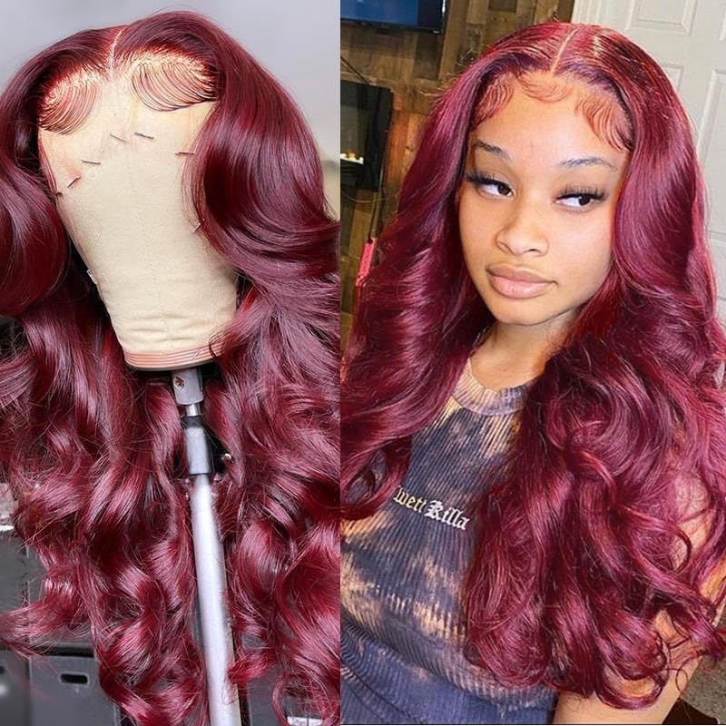 absuyy 26 Inch Wine Red Body Wave Wigs Human Hair Pre Plucked Glueless Wigs Human Hair 180% Density Body Wave Wigs for Black Women