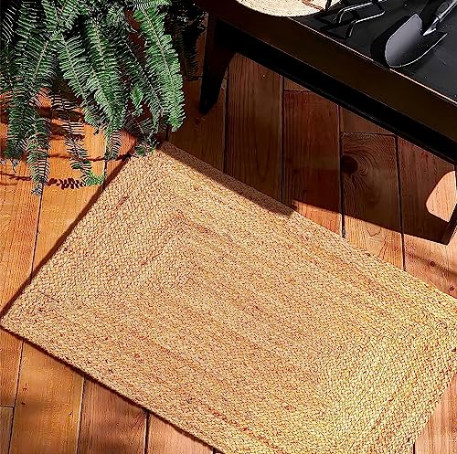 KEMA 2x3 Feet Handwoven Jute Braided Area Rug, Natural Yarn - Rustic Vintage Braided Reversible Rectangular Rug- Eco Friendly Rugs for Bedroom, Kitchen, Living Room, Farmhouse