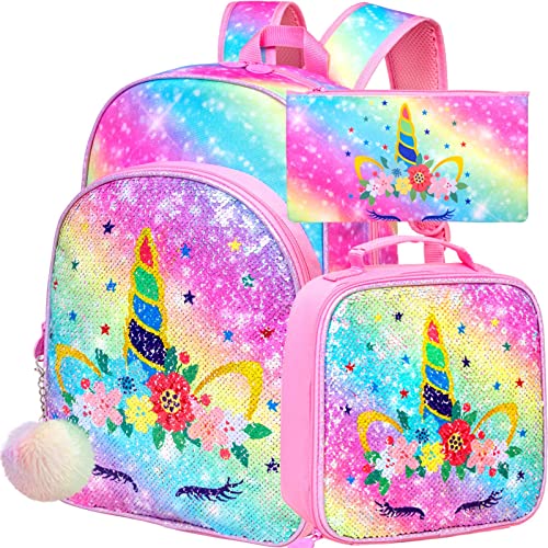 CCJPX 3PCS Unicorn Backpack for Girls, 16” Kids Sequin Bookbag and Lunch Box for Kindergarten Elementary