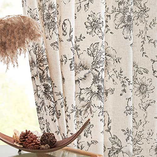 jinchan Linen Curtains Floral Curtains for Living Room 84 Inch Length Black Printed Curtains Rod Pocket Back Tab Farmhouse Peony Flower Patterned Drapes Bedroom Window Curtain Set 2 Panels