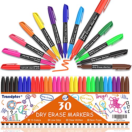 Trandpter Fine Tip Dry Erase Markers,30 Pack,13 Assorted Colors, Fine Point Whiteboard Markers for Kids & Adults,Low Odor Thin Dry Erase Pens Bulk Colorful,Office Supplies for School Office Home