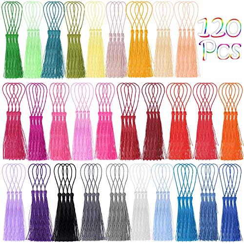 Tassels, Cridoz 120Pcs Bookmark Tassels Silky Handmade Soft Craft Mini Tassels with Loops for Bookmarks, Crafts and Jewelry Making, 30 Colors
