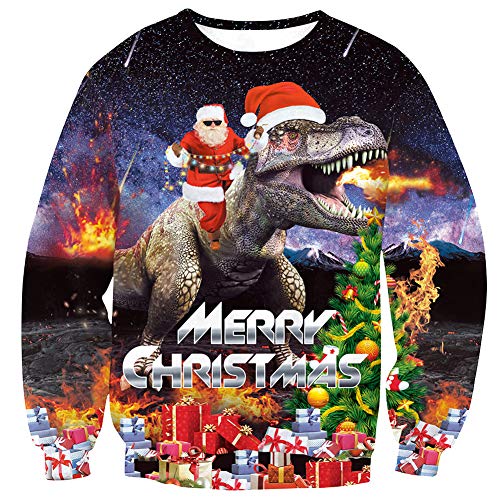 Arvilhill Christmas Men's 3D Printed Party Funny Santa Dinosaur Sweatshirt Holiday Xmas Long Sleeve Ugly Sweater 2XL