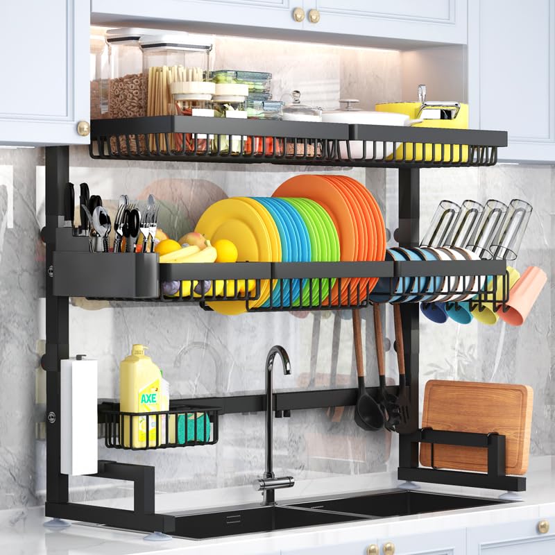 ADBIU Over The Sink Dish Drying Rack (Expandable Height and Length) Snap-On Design 2 Tier Large Dish Rack Stainless Steel (31-39.5L x 12W x 34-38H (inches))