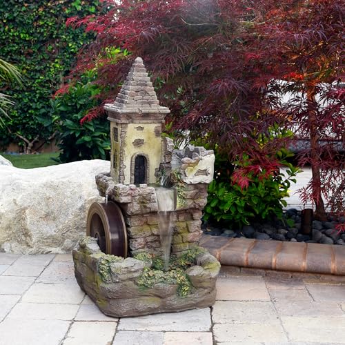 Alpine Corporation USA1164 Outdoor Floor Tiered Fairy Castle Waterwheel Water Fountain with Realistic Stone Look, 35', Brown