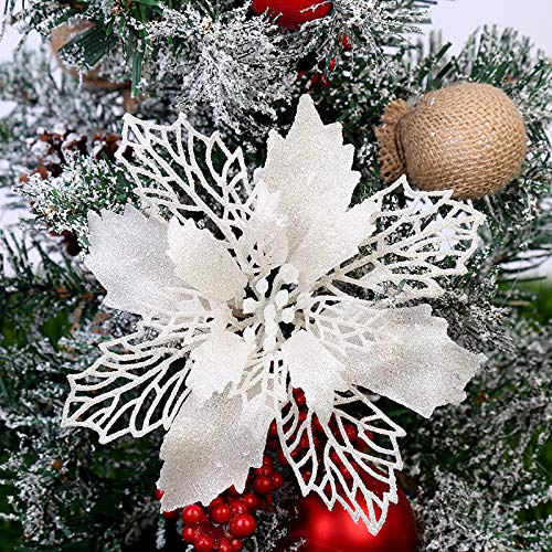 GL-Turelifes 12 Pcs 6.3'' Glitter Poinsettia Flowers Artificial White Christmas Flowers Christmas Tree Flowers Wreath Tree Ornaments with 12 Pcs Green Flower Stem