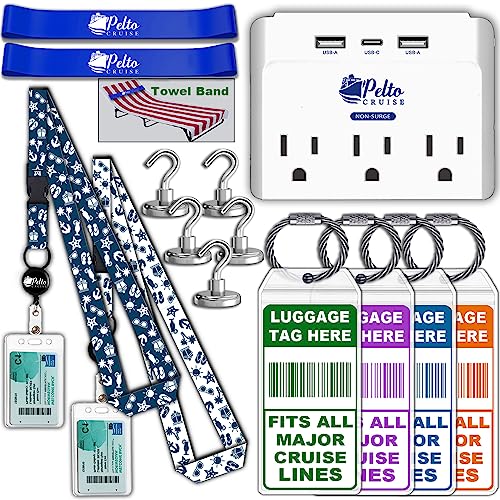Cruise Essentials Must Haves - Cruise Luggage Tags Holder, Cruise Approved Non-Surge Power Strip, Magnet Hooks, Lanyard for Ship Cards, Towel Bands. Cruise Accessories Works with All Cruise Lines