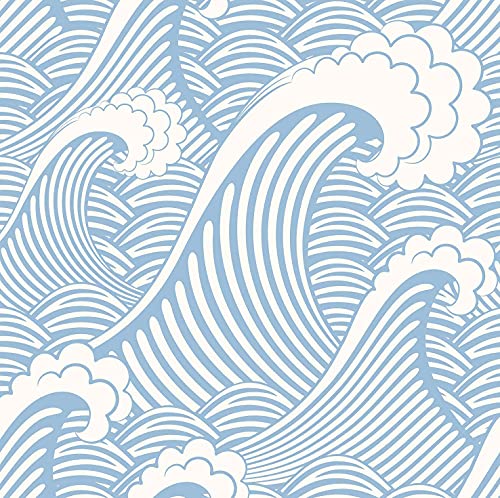 Blooming Wall CPS030 Peel&Stick Handpainting Seamless Blue White Waves Sea Sprays Self-Adhesive Prepasted Wallpaper Wall Mural (17.7“x118”)