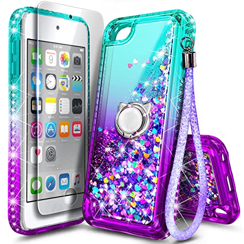 NGB iPod Touch 7 Case, iPod Touch 6/5 Case with HD Screen Protector and Ring Holder for Girls Women Kids, Glitter Liquid Cute Case for Apple iPod Touch 7th/6th/5th Generation (Aqua/Purple)