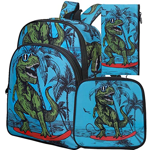 gxtvo 3PCS Dinosaur Backpack Boys, 16' Kids Preschool Elementary Dino Bookbag and Lunch Box