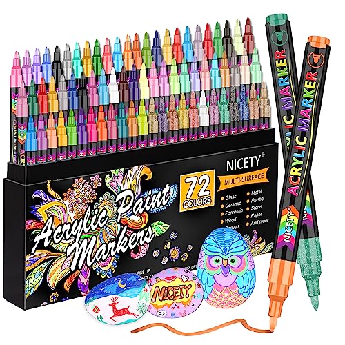 NICETY 72 Colors Acrylic Paint Pens Paint Markers, Extra Fine Tip Point Acrylic Paint Pens for Rock Painting, Canvas, Wood, Ceramic, Glass, Stone, Fabric, DIY Crafts & Art Supplies