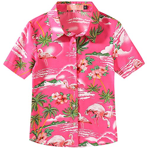 SSLR Big Girls Hawaiian Shirt Beach Tropical Summer Casual Short Sleeve Button Down Shirt (Small, Rose Red)