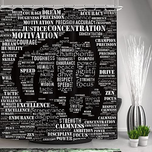 SVBright Mens Motivational Quotes Shower Curtain for Man Black White Inspirational Words Kickboxing 60Wx72L Inch Essence of Fighter 12 Pack Hooks Polyester Waterproof Fabric Bathroom Bathtub Panels