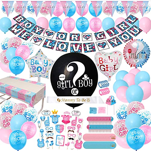 Gender Reveal Party Supplies - (200 Pieces) 36 Inch Reveal Balloon, Boy or Girl Banner, Mommy To Be Sash, Baby Shower Decorations, Foil Balloons and Boy Or Girl Balloons, Team Girl & Boy Stickers