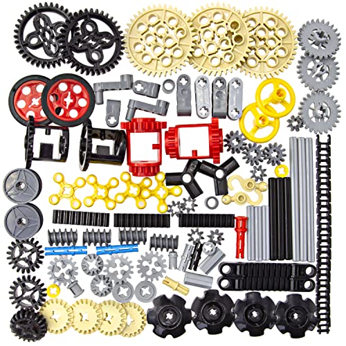 TEESE 116pcs Technic-Gears-Axles-Pins-Connectors-Wheels-Differential-Tires-Chain-Steering-Wheel String-Reel-Drum, Compatible with Technic-Parts, for STEM MOC Technic-Project-Bulk-Blocks (Random Color)