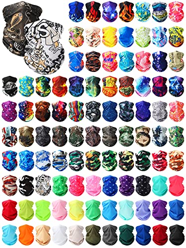 Jeere 100 Pieces Neck Gaiters Scarf Headband Neck Warp Polyester Bandana Face Cover Scarf Mask UV Neck Gaiter Tube Balaclava for Women Men Hiking Running Sports Outdoor, 100 Styles