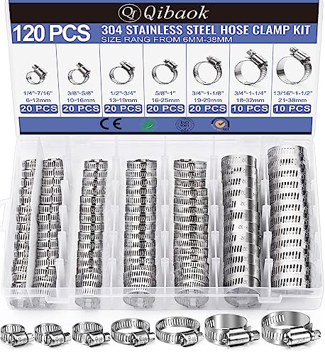 Hose Clamp- Qibaok 120 PCS Stainless Steel Hose Clamps Assortment Kit 1/4''–1-1/2'' Worm Gear Clamps for Fuel Line, Plumbing, Automotive, Mechanical Applications, Pipe, Tube, Radiator, Garden