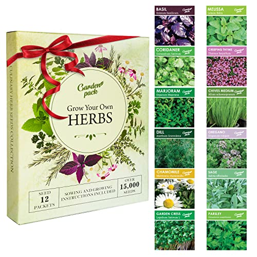 Grow Your Own Herbs Garden Kit - 12 Herb Seeds Variety Pack - Basil Seeds, Mint Seeds, Rosemary Seeds, Oregano Seeds, Parsley Seeds & More Packets in a Box with Herb Seeds Manual by Garden Pack