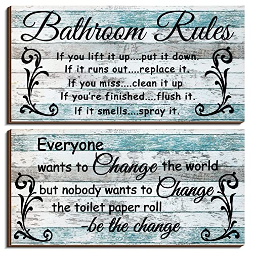 2 Pieces Funny Teal Bathroom Signs Beach Theme Bathroom Wall Decor Teal Bathroom Accessories Farmhouse Toilet Rustic Wooden Signs(Chic Style)