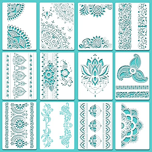 12 Pieces Large Mandala Stencil Reusable Mandala Painting Templates 8.3 x 11.7 Inch Floral Design Drawing Craft Stencil for DIY Wall, Tile, Furniture, Canva, Outdoor Indoor Decoration