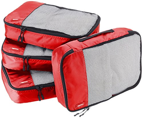 Amazon Basics 4 Piece Packing Travel Organizer Zipper Cubes Set, Medium, Red