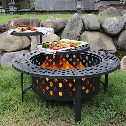 OutVue 36 Inch Fire Pit with 2 Grills, Wood Burning Fire Pits for Outside with Lid, Poker and Round Waterproof Cover, BBQ& Outdoor Firepit & Round Metal Table 3 in 1 for Patio, Picnic, Party