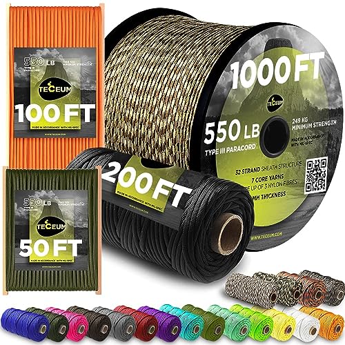 TECEUM Paracord Type III 550 Black – 50 ft – 4mm – Tactical Rope MIL-SPEC – Outdoor para Cord –Camping Hiking Fishing Gear and Equipment – EDC Parachute Cord – Strong Survival Rope 016 nw