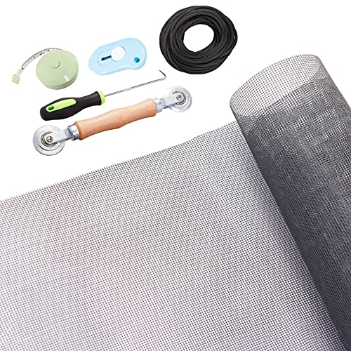 Windows Screen and Screen Door Repair Kit, 48'x118' Charcoal Fiberglass Mesh with Rolling Tool/Hook/Ruler/Cutter/Spline - Window Screen & Sliding Screen Door Replacement for Windows, TOOLTRIZ