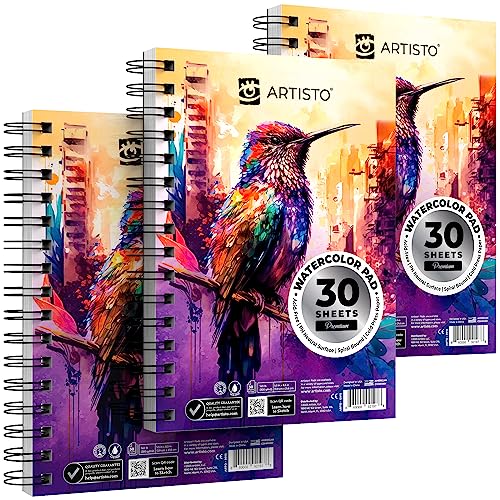 Artisto Watercolor Pads 5.5x8.5”, Pack of 3 (90 Sheets), Spiral Bound, Acid-Free Paper, 140lb (300gsm), Perfect for Most Wet & Dry Media, Ideal for Beginners, Artists & Professionals