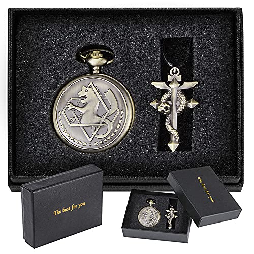 Tiong Fullmetal Alchemist Pocket Watch with Chain for Cosplay Pendant Accessories Christmas Valentine's Day Birthday Gifts Fathers Day(Brown)