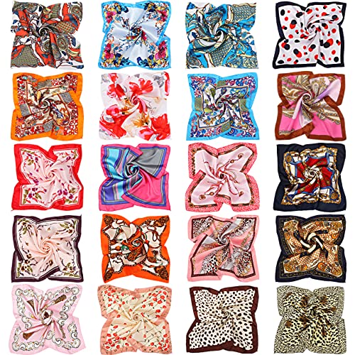 20 Pieces Women Satin Square Scarf Mixed Color Small Silk Neck Scarf for Women Girls Favors, Random Color (Classic Patterns)