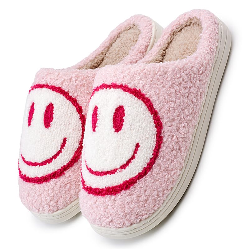 Smile Face Slippers for Women Men Retro Soft Plush Comfy Warm Cloud Slide Happy Face Slippers Memory Foam Cozy Fur Home Shoes Cute Fluffy Fuzzy Slip-on Unisex Slipper Indoor & Outdoor, Pink Red,